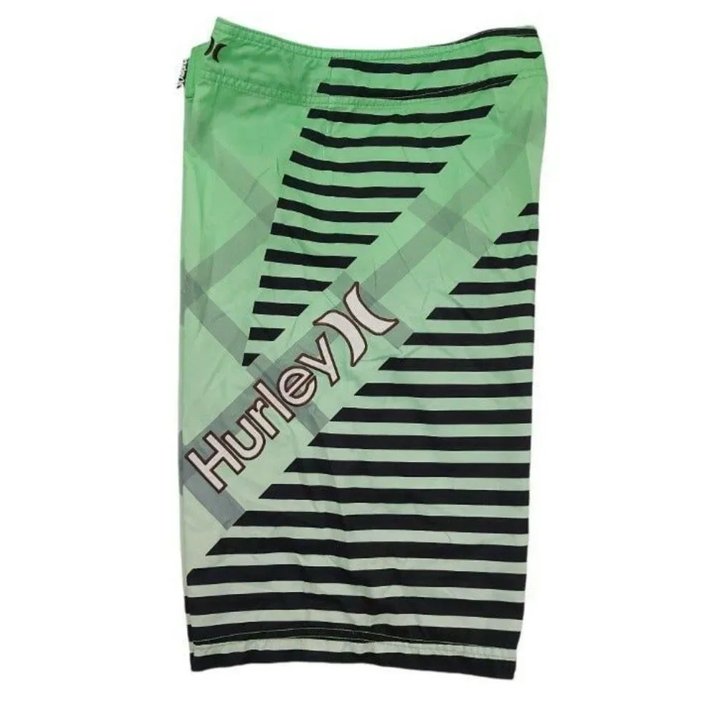 Hurley Board Shorts Mens 30 Green Striped Drawstring Swim Surf Summer Beach